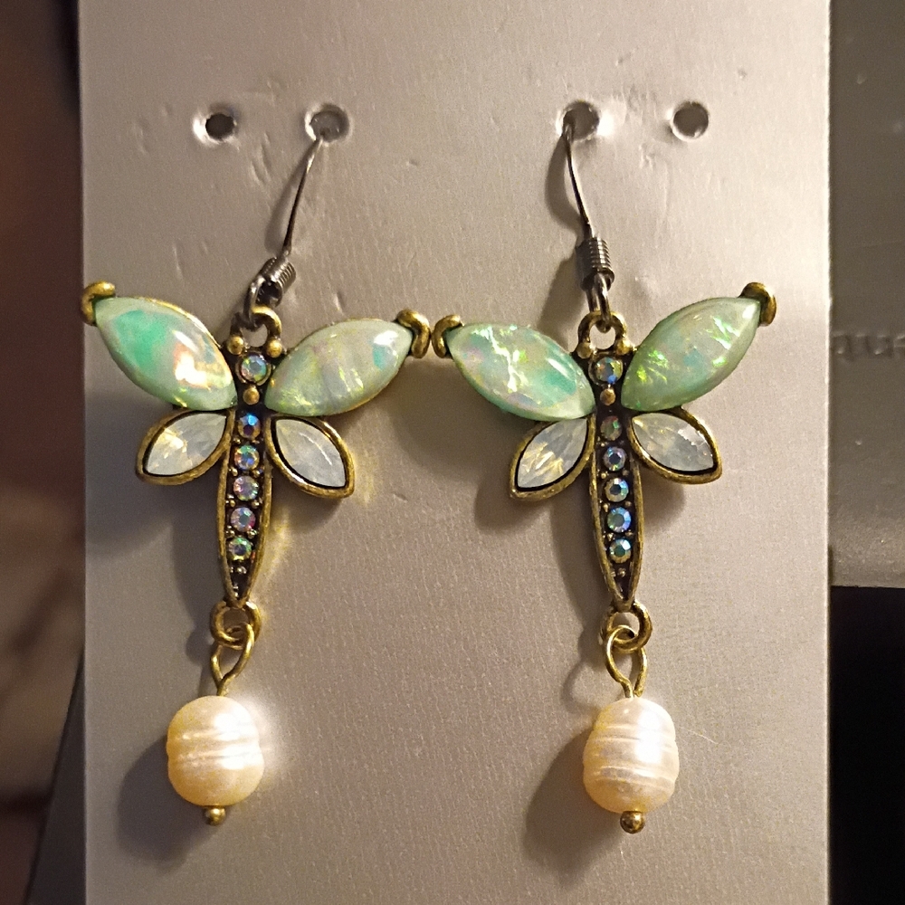 Opal and Pearl Dragonfly Earrings